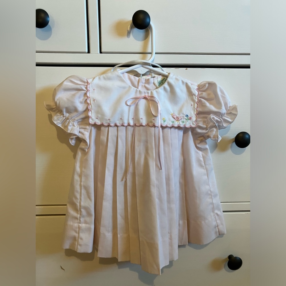 Vintage Alison Scott Baby Girl Pink Smocked Dress with Bow & Hat 6 mo